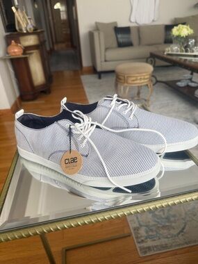 Clae Men’s White & Navy Pinstripe Casual Sneaker